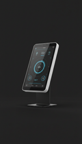 Touchscreen home hub with signal blue accent