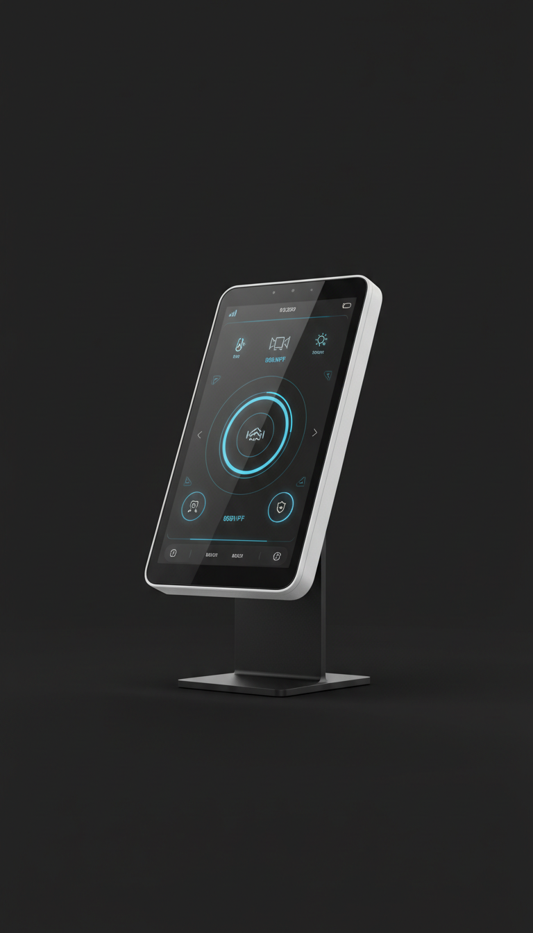 Touchscreen home hub with signal blue accent